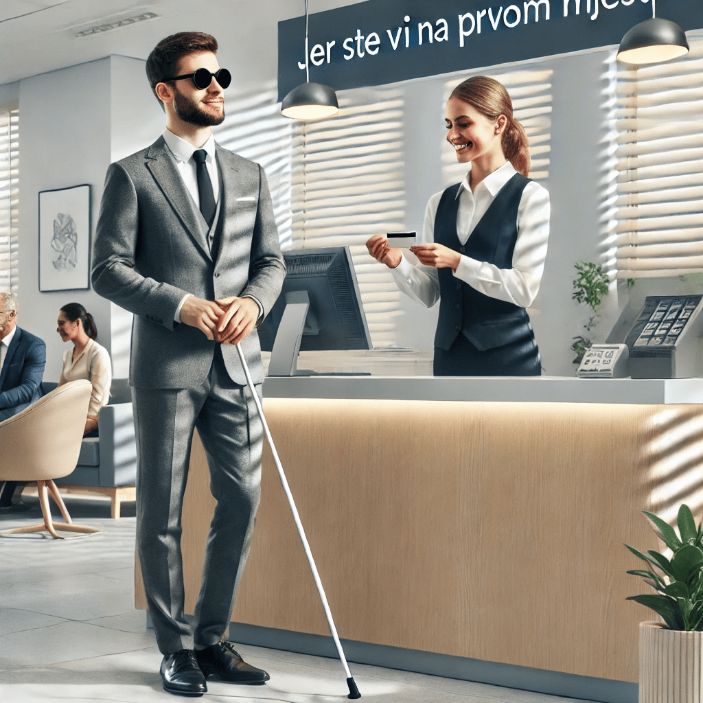 Muškarac s bijelim štapom stoji ispred pulta za kojim je žena. Ona mu pruža karticu. Iza pulta je računalo, a na zidu iza njih je natpis "Jer ste vi na prvom mjestu". U pozadini je još nekoliko ljudi koji sjede i razgovaraju.