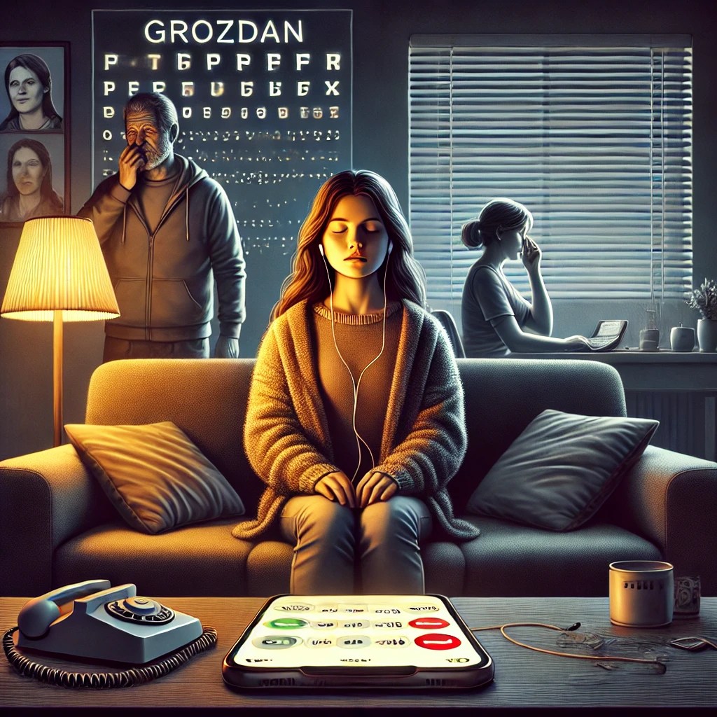 Moderan i udoban stan u kojem djevojka sjedi na kauču. U pozadini su roditelji zabrinutih lica. Na telefonu svijetli obavijest o pristigloj poruci.