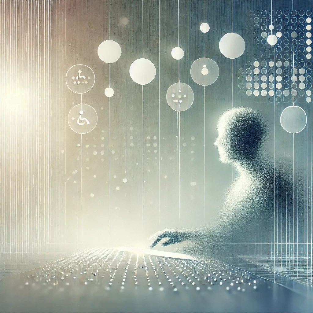 Apstraktan prikaz osobe koja dodiruje točkice Brajevog pisma iza koje se nalaze krugovi.