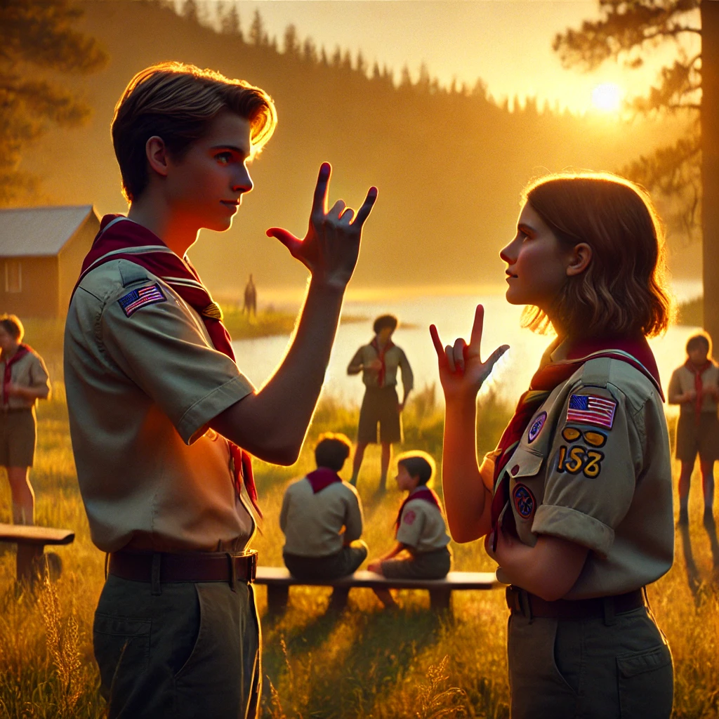 Dječak stoji nasuprot djevojčici Oni se koriste znakovnim jezikom. U pozadini se vidi grupa izviđača na livadi uz jezero dok sunce zalazi.