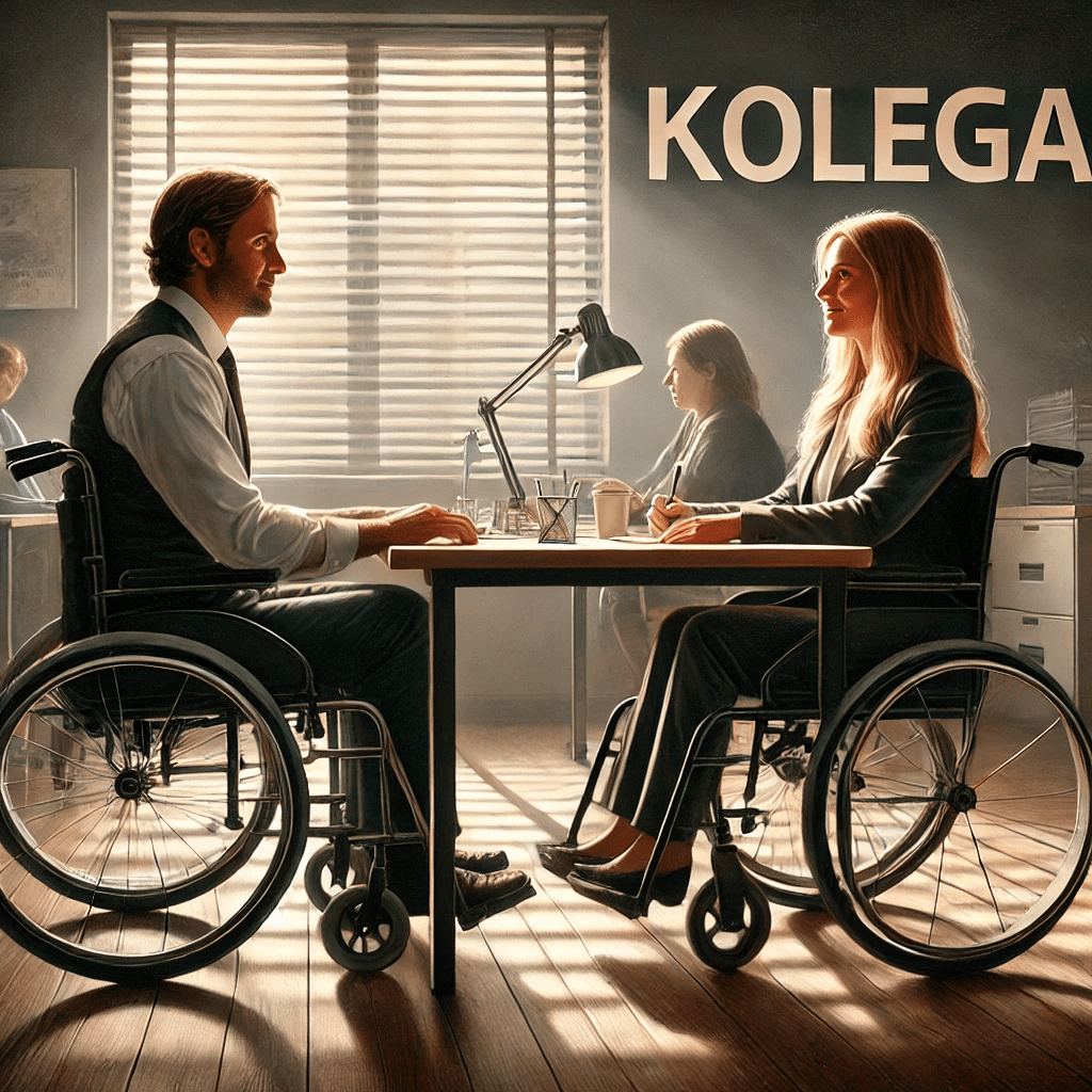 Muškarac i žena sjede jedan nasuprot drugome za stolom u uredu. Oboje su u invalidskim kolicima. Na stolu se nalazi lampa, čaša s olovkama i nekoliko papira. Na zidu iza njih velikim slovima piše "KOLEGA".